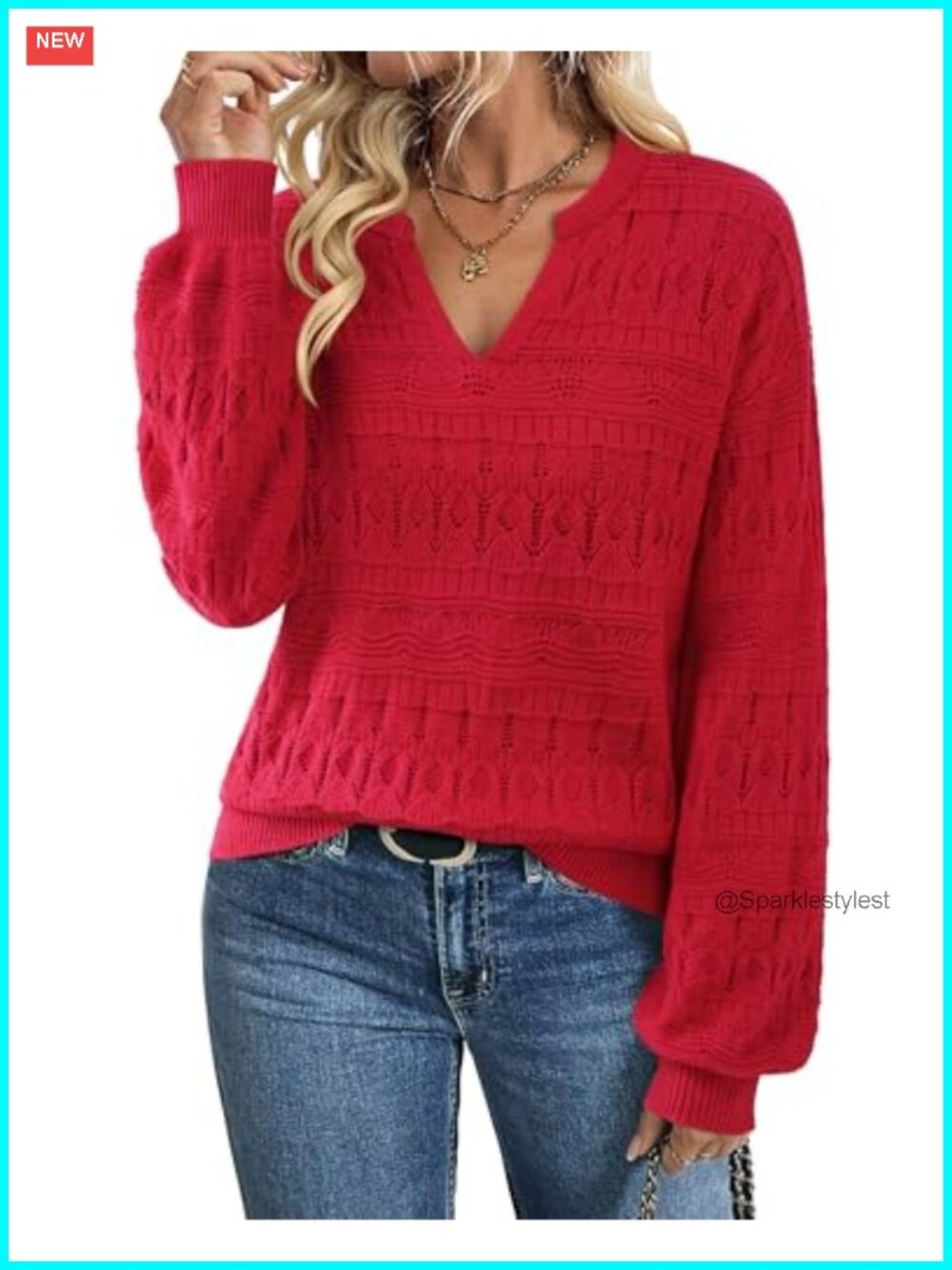 Lightweight Crochet Pullover Sweater Lantern Sleeve V-Neck Loose Fit Women